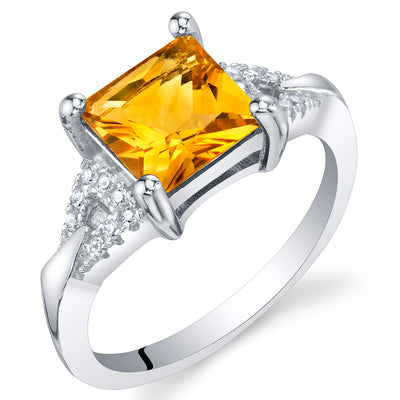 Citrine Princess Cut Sterling Silver Ring Size 9