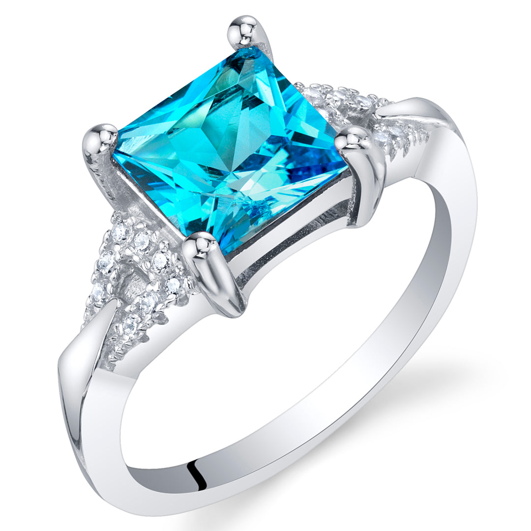 Swiss Blue Topaz Ring Sterling Silver Princess Cut 2 Carats Size 5