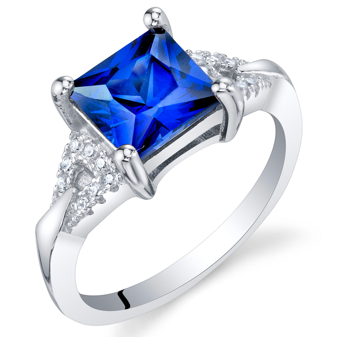 Blue Sapphire Ring Sterling Silver Princess Cut 2 Carats Size 6