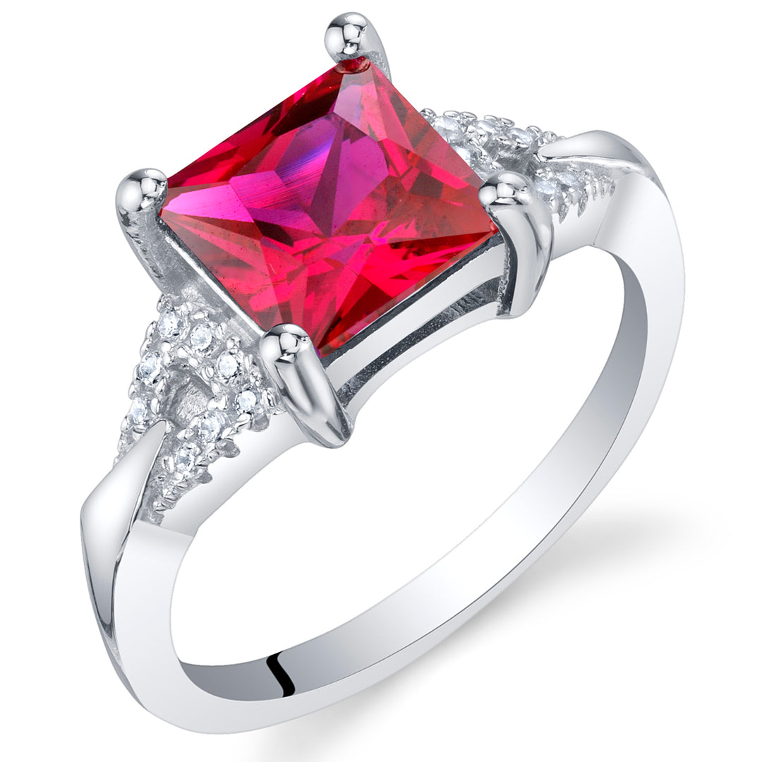 Ruby Ring Sterling Silver Princess Cut 2 Carats Size 6