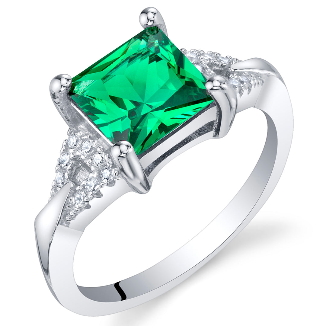 Emerald Ring Sterling Silver Princess Cut 1.50 Carats Size 5