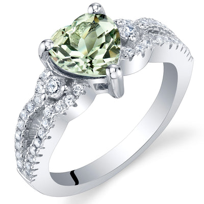 Green Amethyst Heart Shape Sterling Silver Ring Size 7