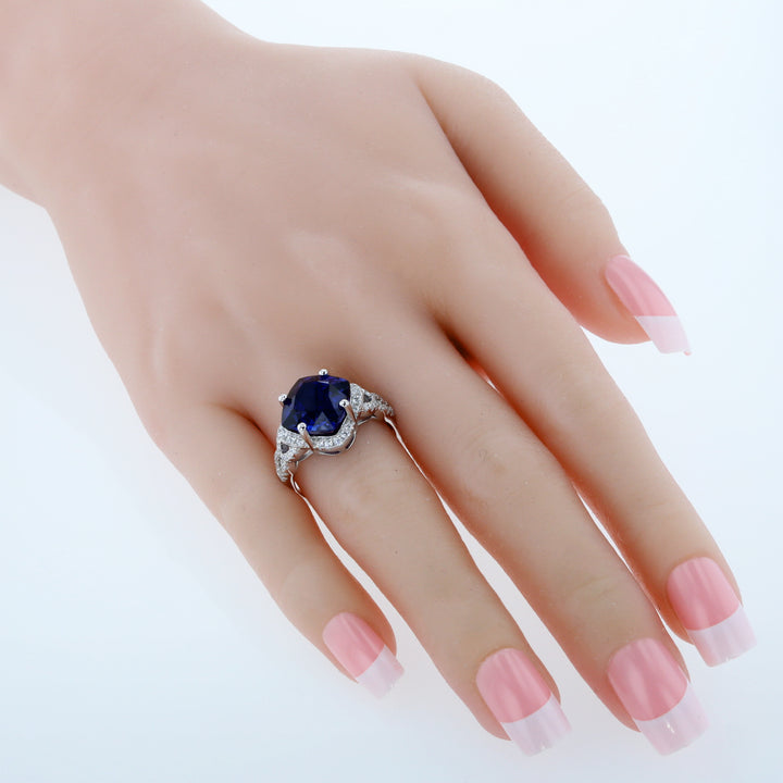 Created Blue Sapphire Cushion Cut Sterling Silver Ring Size 9
