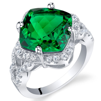 Simulated Emerald Cushion Cut Sterling Silver Ring Size 9