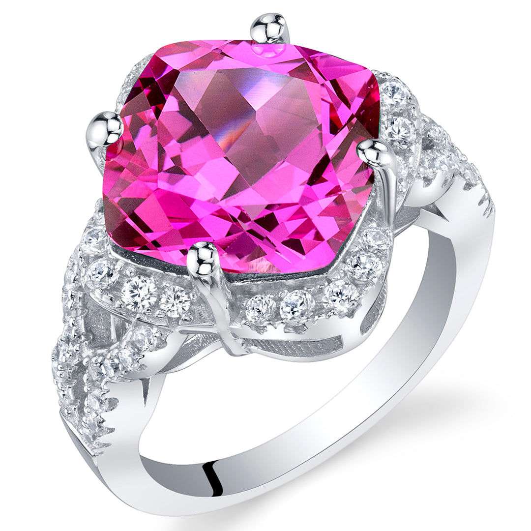 Pink Sapphire Halo Ring Sterling Silver Cushion Cut 7.50 Carats Size 5