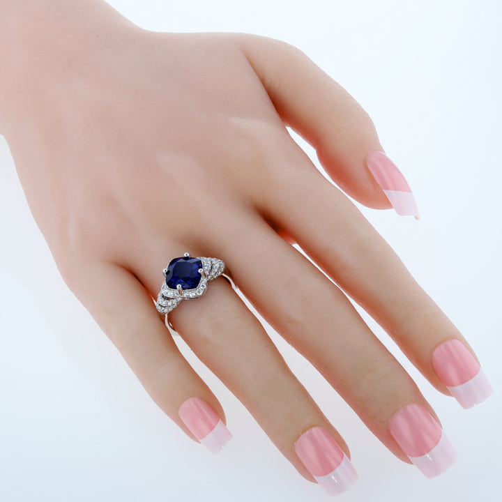 Blue Sapphire Halo Ring Sterling Silver Cushion 4.50 Carats Size 5