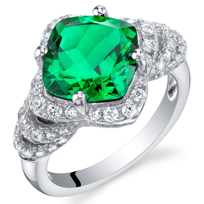 Simulated Emerald Cushion Cut Sterling Silver Ring Size 9