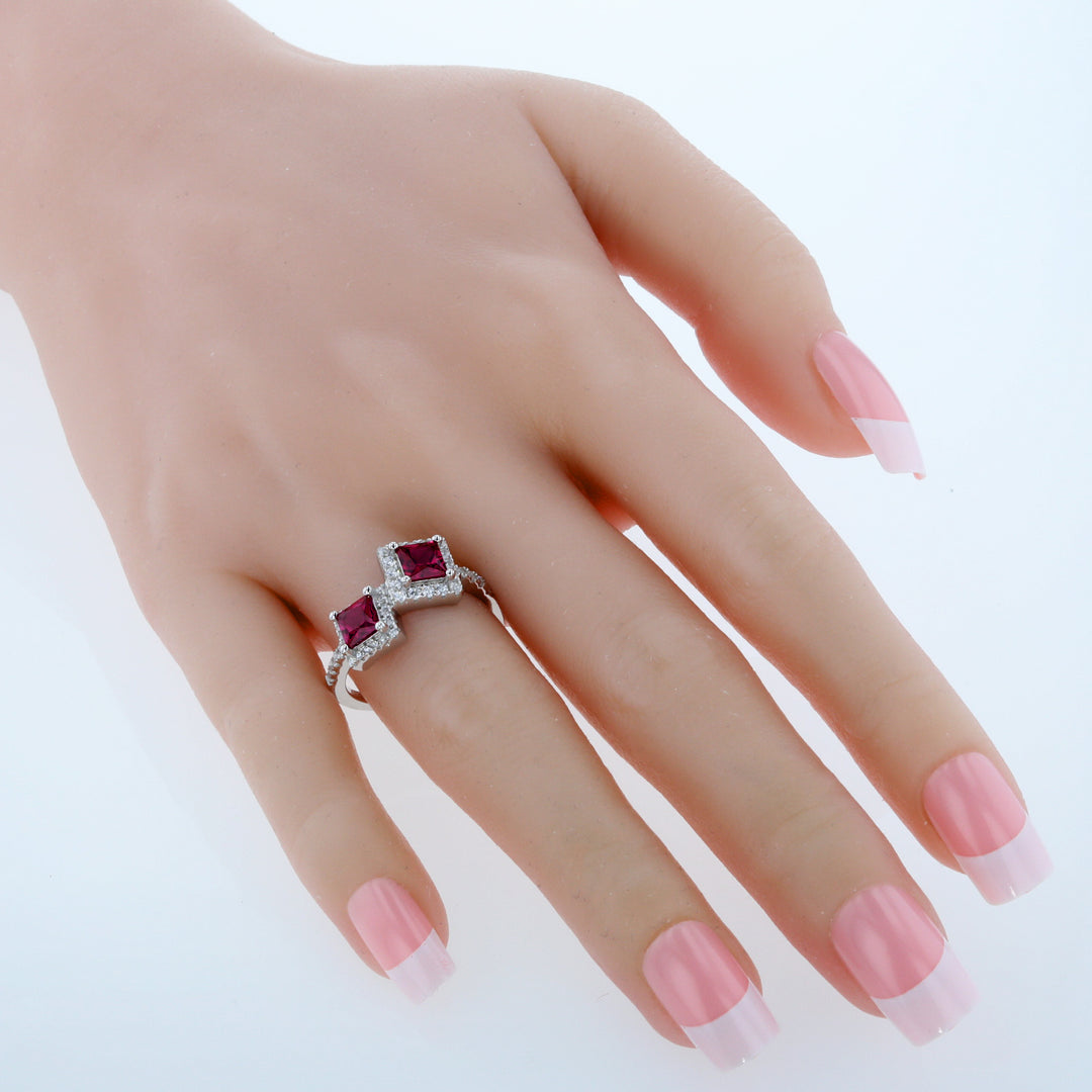 Ruby Two-Stone Ring Sterling Silver Princess Cut 1.50 Carats Size 8