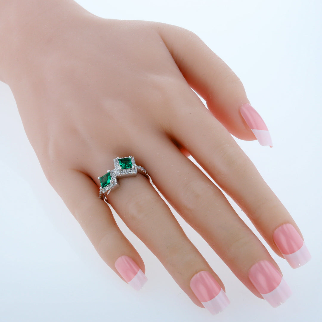 Emerald Two-Stone Ring Sterling Silver Princess Cut 1 Carat Size 5