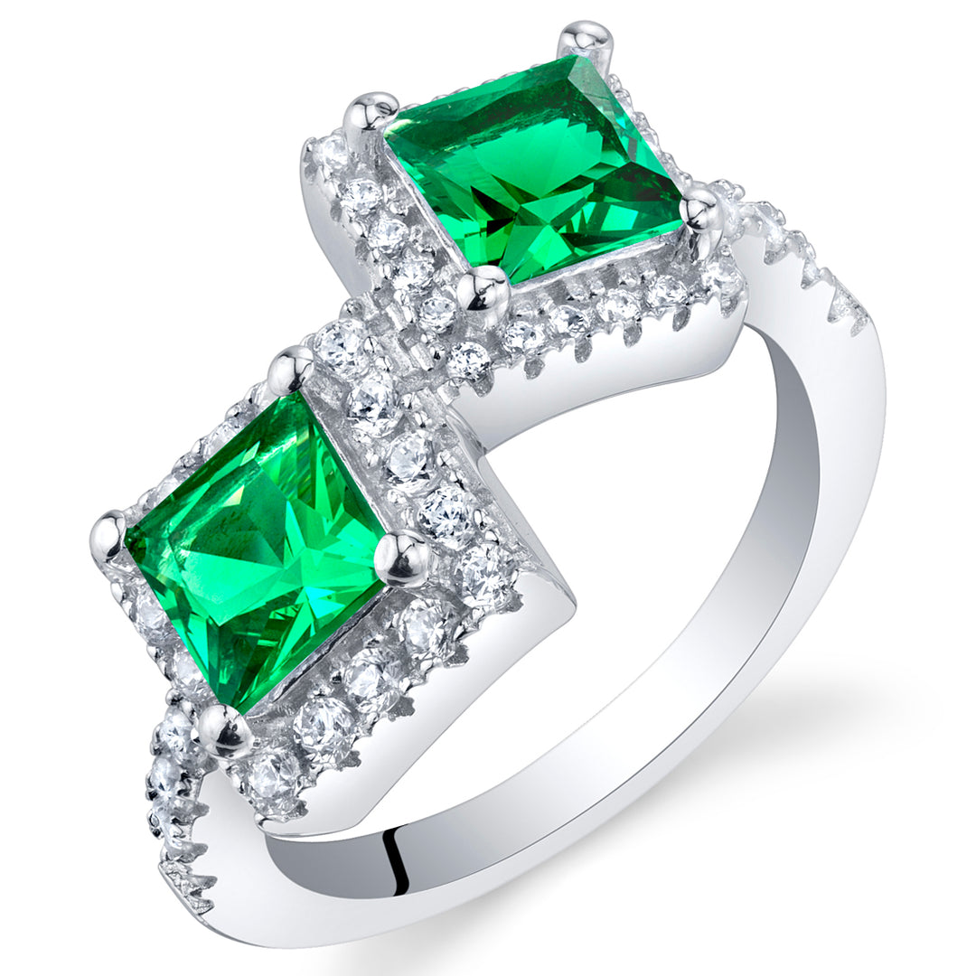 Emerald Two-Stone Ring Sterling Silver Princess Cut 1 Carat Size 5