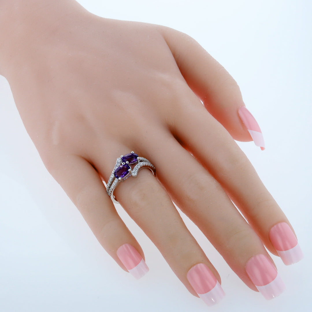 Amethyst Two-Stone Ring Sterling Silver Oval Cut 1.50 Carats Size 6
