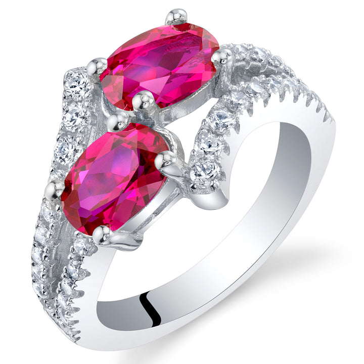 Ruby Two-Stone Ring Sterling Silver Oval Cut 2 Carats Size 6