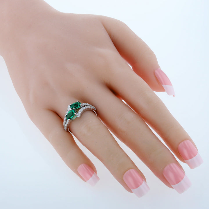 Emerald Two-Stone Ring Sterling Silver Oval Cut 1.50 Carats Size 5