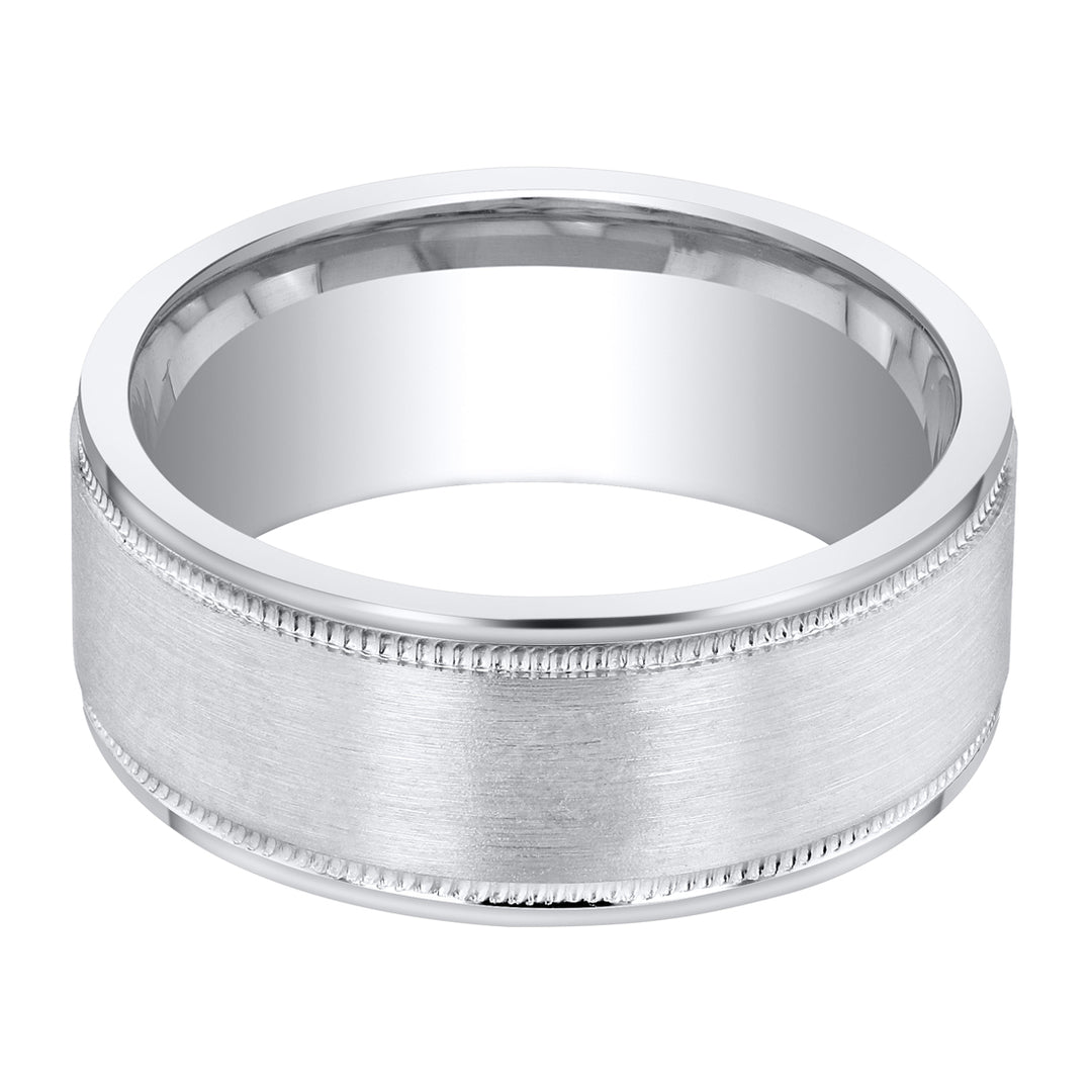 Mens Classic Sterling Silver Band in Milgrain Brushed Matte 8mm Size 12