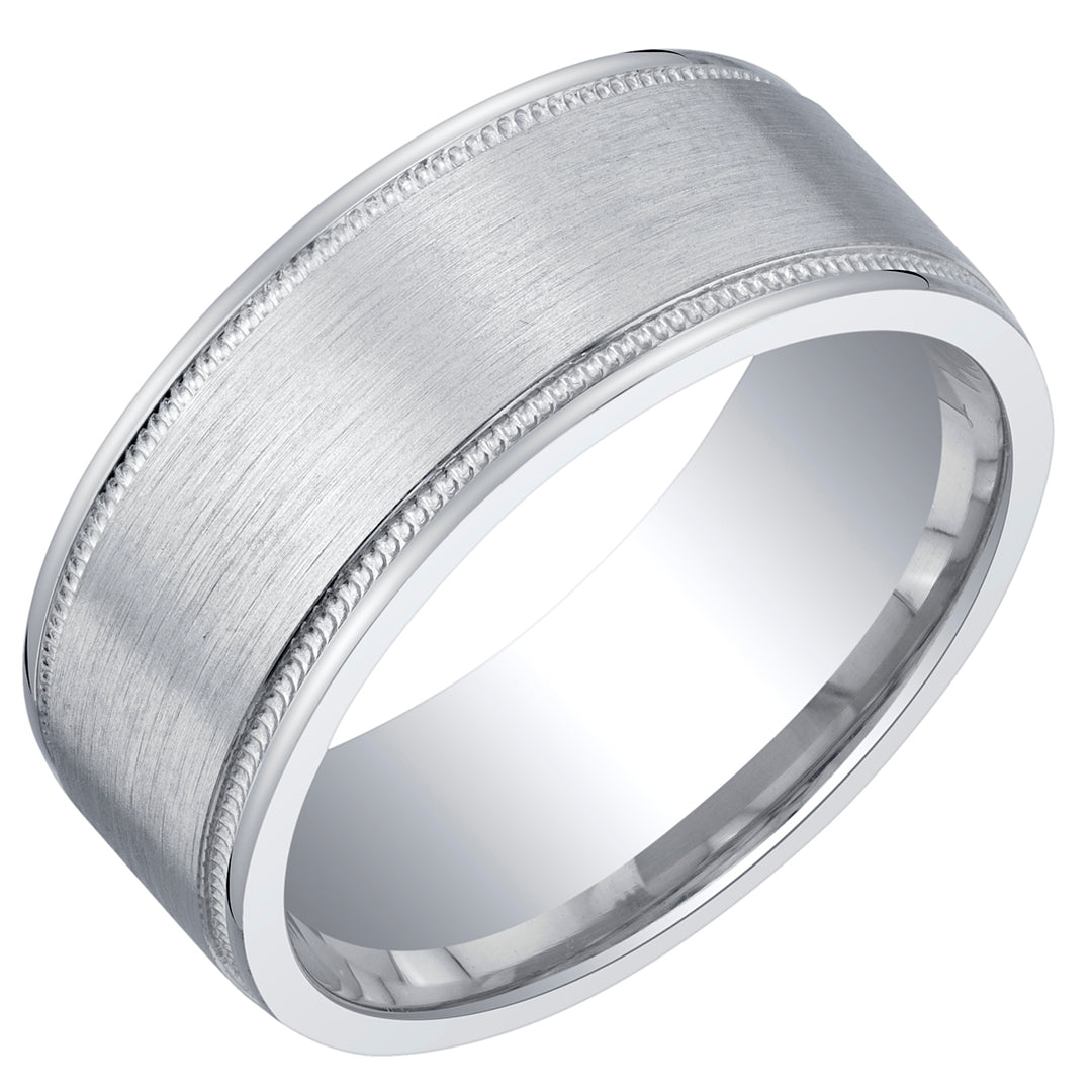 Men's Classic Milgrain Wedding Ring Band 8mm Sterling Silver Brush Matte Comfort Fit Size 11