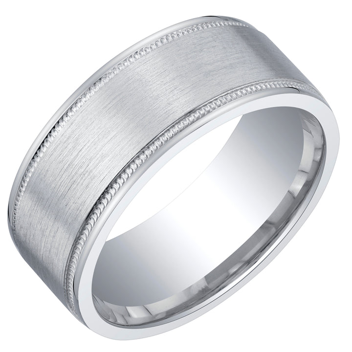 Mens Classic Sterling Silver Band in Milgrain Brushed Matte 8mm Comfort Fit Size 14
