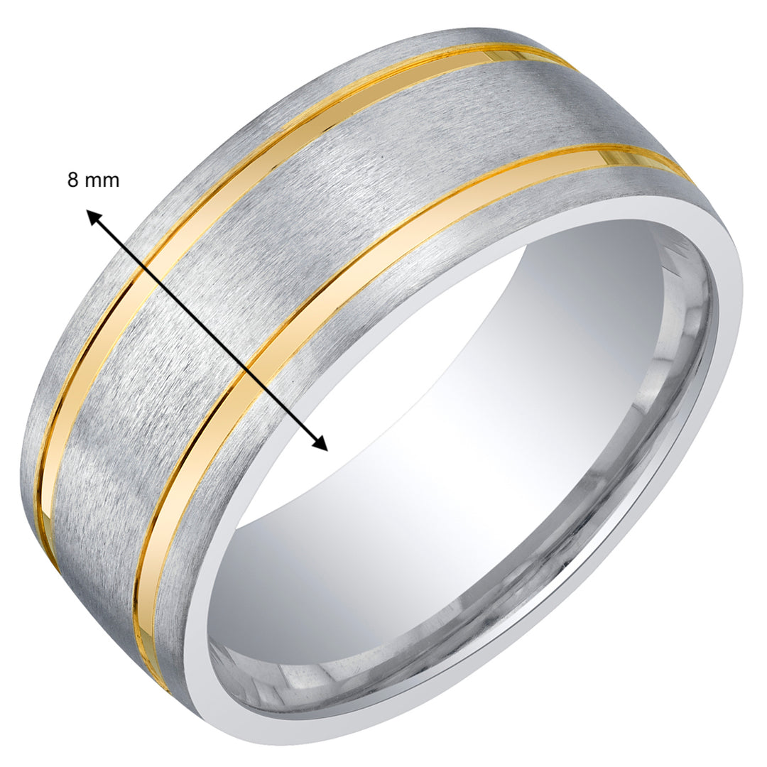 Men's Two-Tone Classic Wedding Band 8mm Sterling Silver Brush Matte Comfort Fit Size 8.5