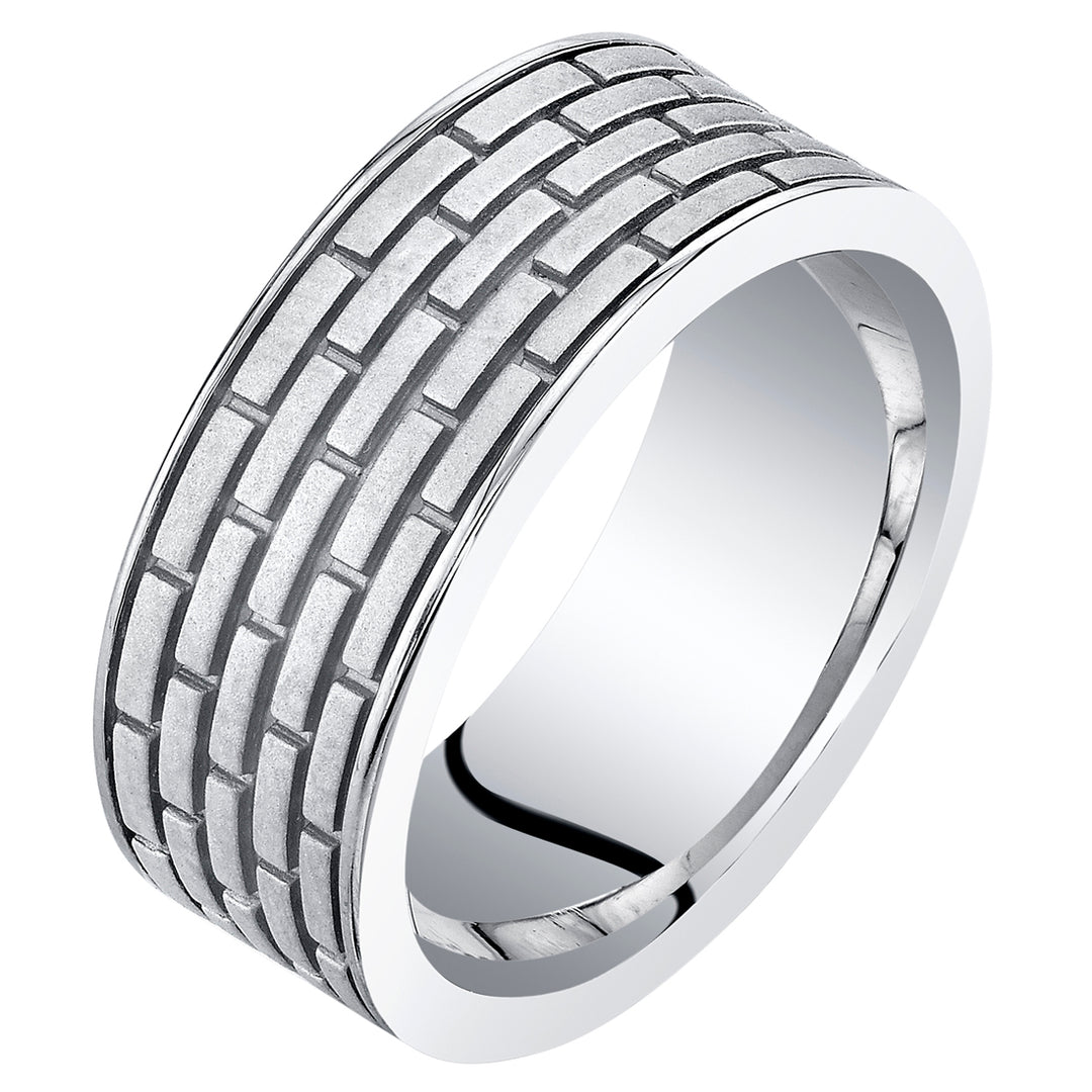 Mens Sterling Silver Brick Pattern Band 8mm Size 8.5