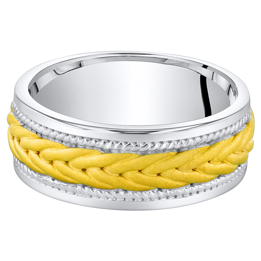 Mens Two-Tone Sterling Silver Roped Pattern Band 8mm Size 13.5