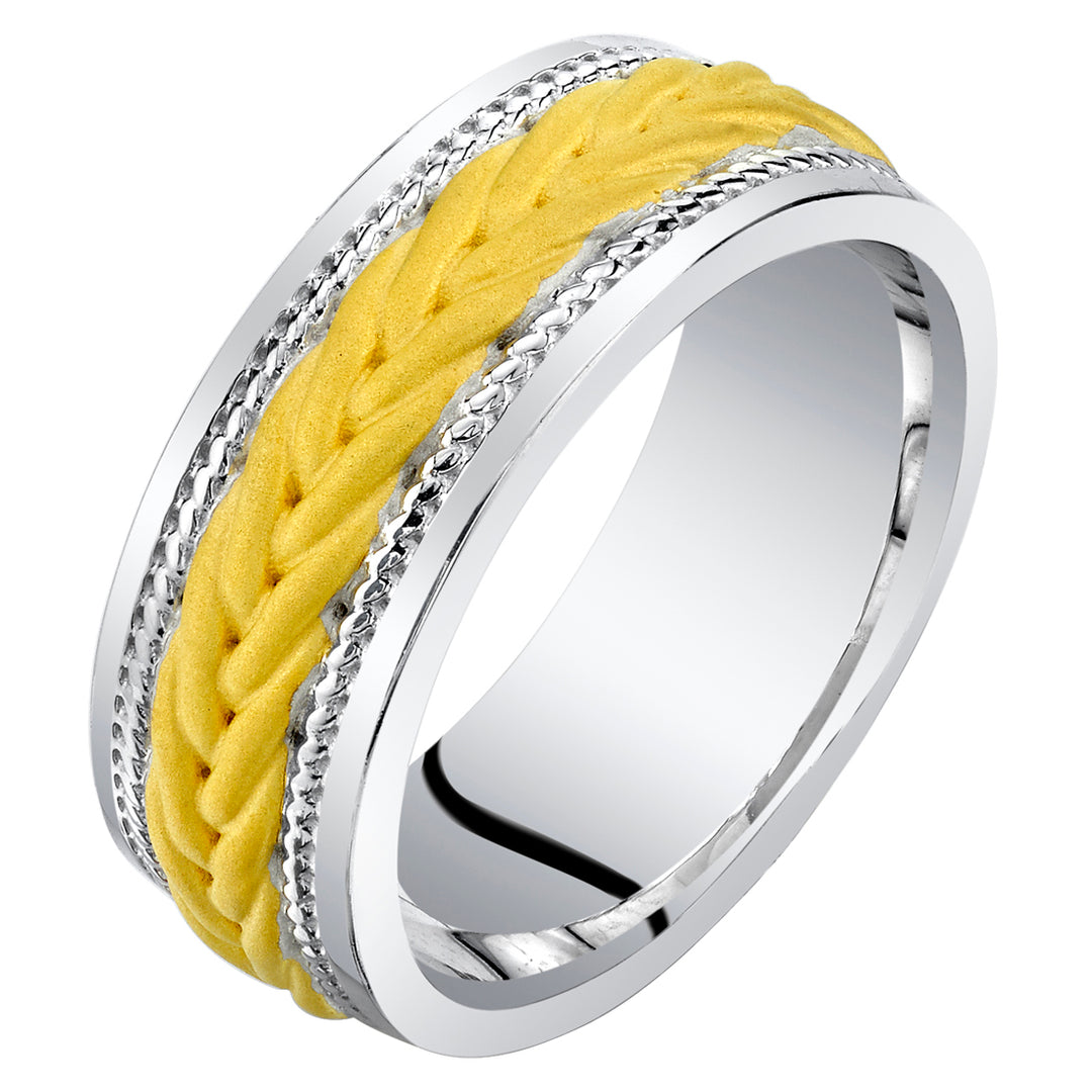 Mens Two-Tone Sterling Silver Roped Pattern Band 8mm Size 13