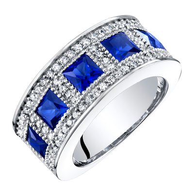 Created Blue Sapphire Princess Cut Sterling Silver Band Size 7