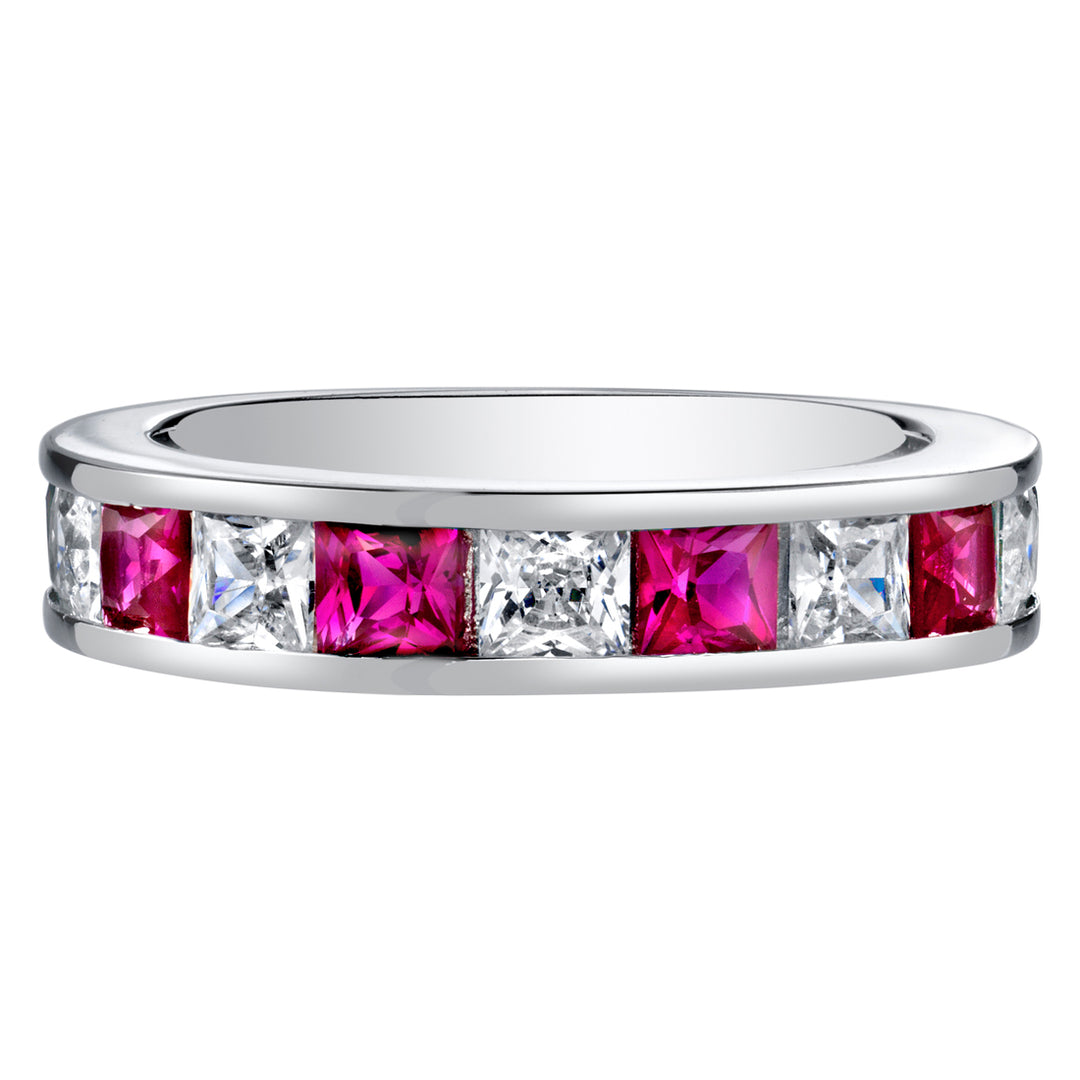 Created Ruby Princess Cut Sterling Silver Band Size 9
