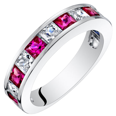 Created Ruby Princess Cut Sterling Silver Band Size 6