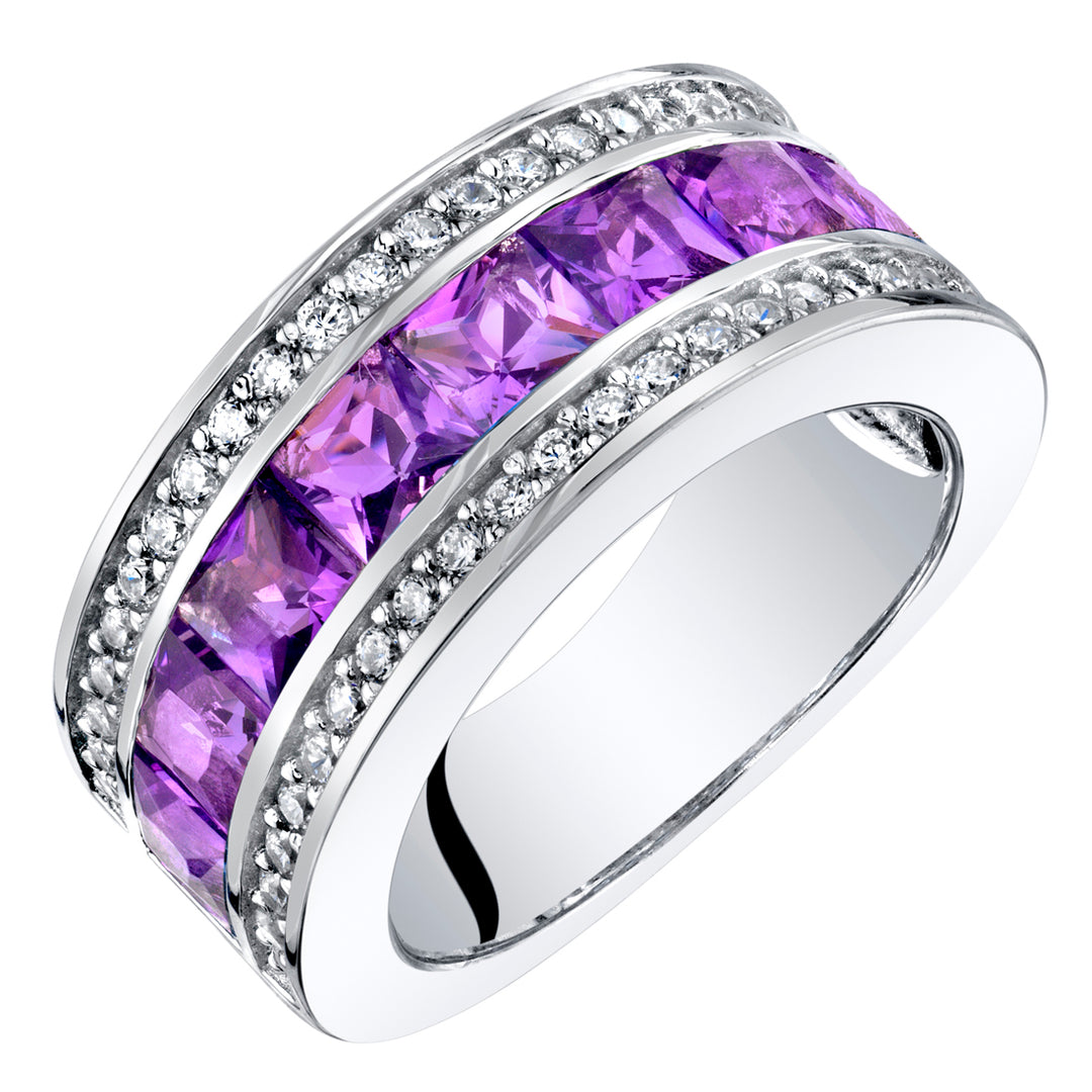 Amethyst 3-Row Wedding Ring Band Sterling Silver Princess Cut 2 Carats Size 5