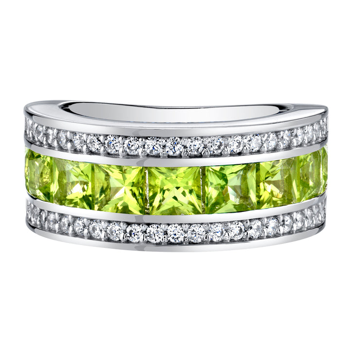 Sterling Silver Princess Cut Peridot 3-Row Wedding Ring Band 1.5 Carats Size 7