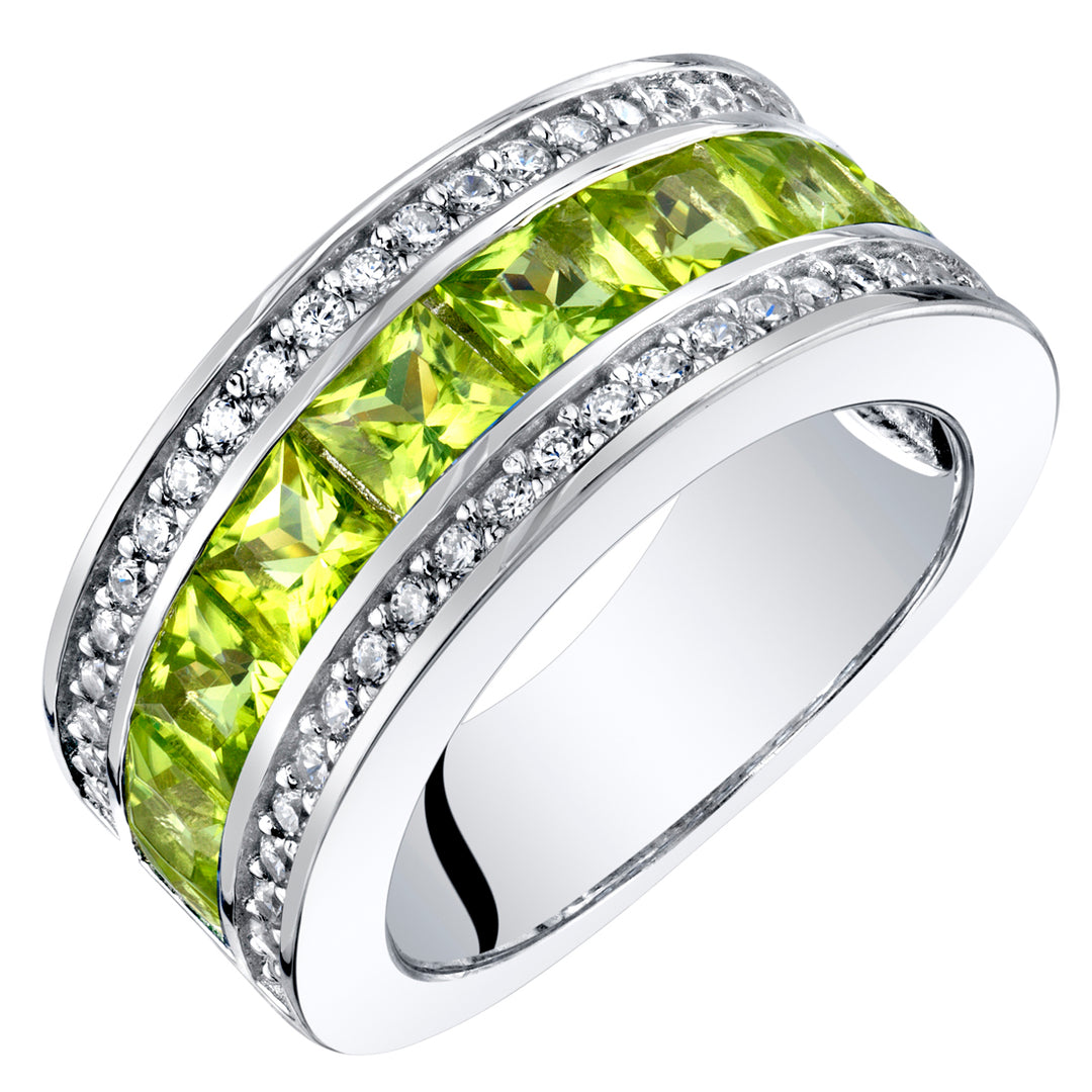 Sterling Silver Princess Cut Peridot 3-Row Wedding Ring Band 1.5 Carats Size 7