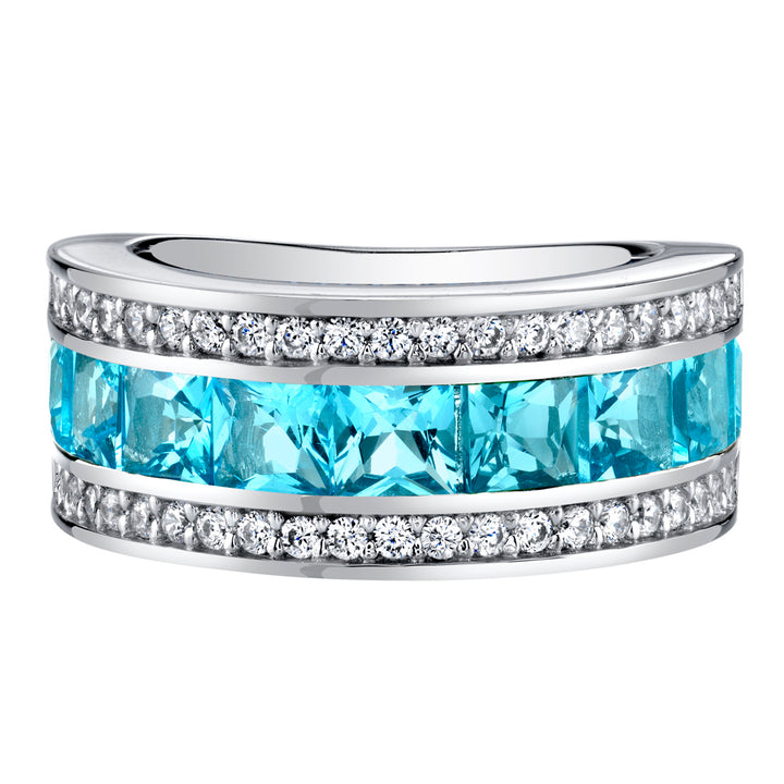 Swiss Blue Topaz 3-Row Wedding Ring Band Sterling Silver Princess Cut 2.25 Carats Size 8