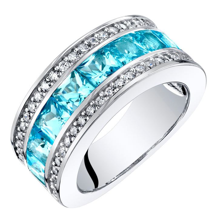Swiss Blue Topaz 3-Row Wedding Ring Band Sterling Silver Princess Cut 2.25 Carats Size 6