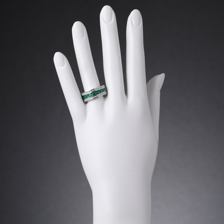 Simulated Emerald Princess Cut Sterling Silver Band Size 5