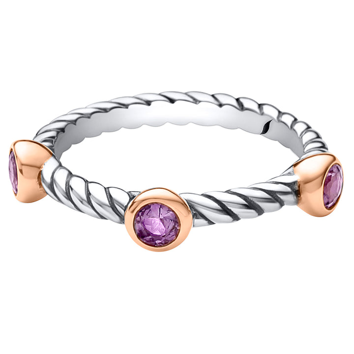Amethyst 3-Stone Stackable Ring Sterling Silver Round Shape Size 7
