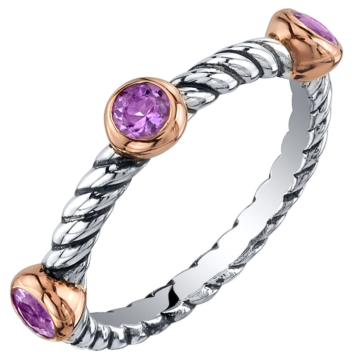 Amethyst 3-Stone Stackable Ring Sterling Silver Round Shape Size 7