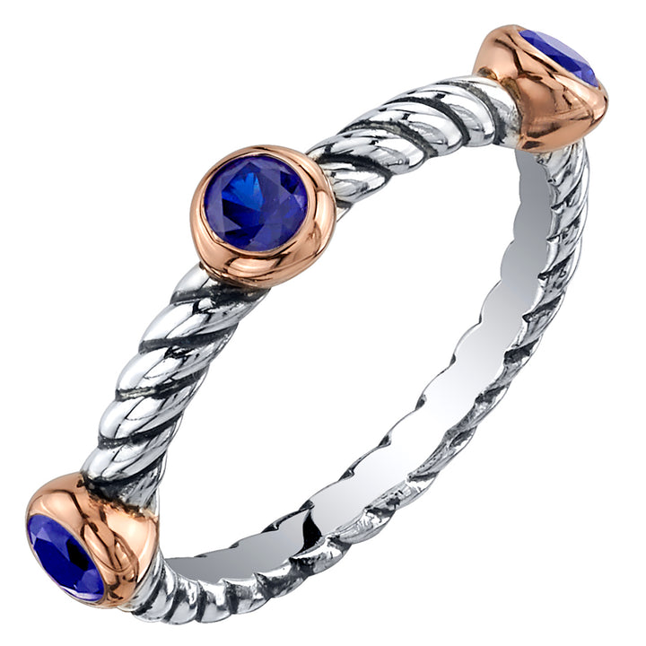 Blue Sapphire 3-Stone Stackable Ring Sterling Silver Round Shape Size 9