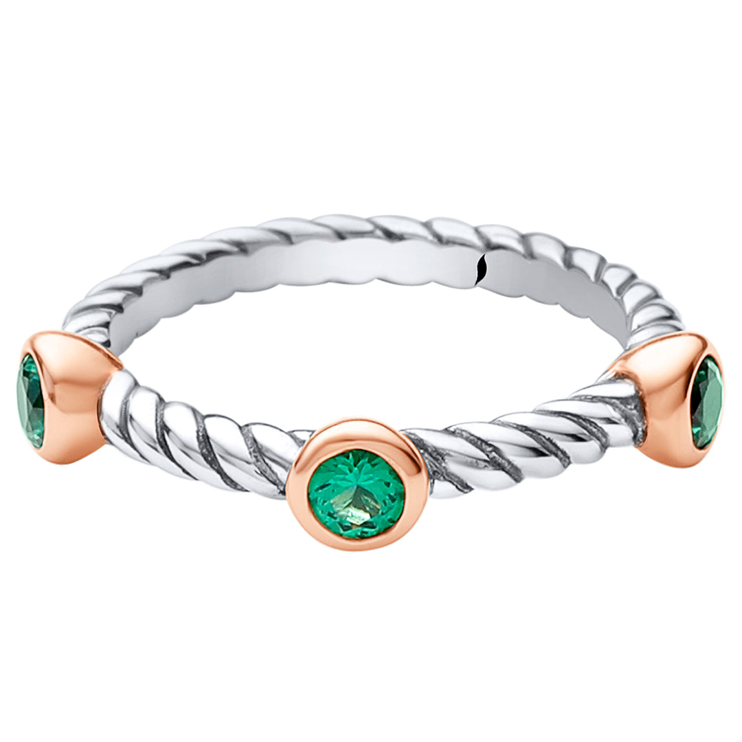 Emerald 3-Stone Cable Stackable Ring Sterling Silver Round Shape Size 6