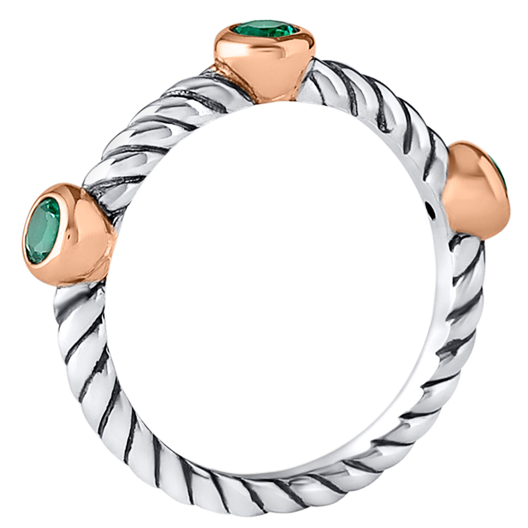 Emerald 3-Stone Cable Stackable Ring Sterling Silver Round Shape Size 7