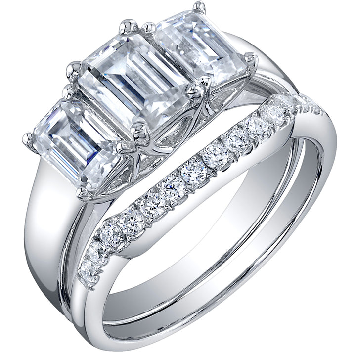 Moissanite Emerald Cut Sterling Silver Engagement Ring and Wedding Band Set Sterling Silver, Size 4