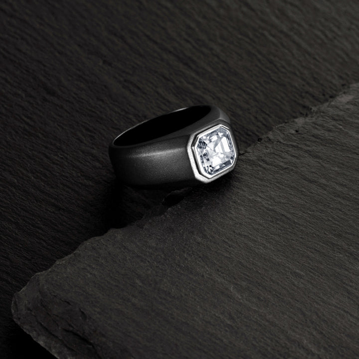 Men's Moissanite Black Signet Ring Sterling Silver Asscher Cut 3 Carats Size 13.5