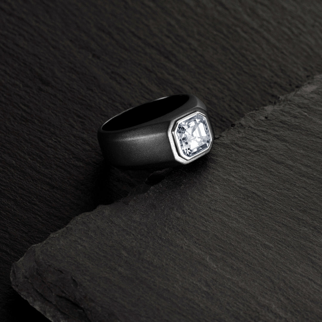 Men's Moissanite Black Signet Ring Sterling Silver Asscher Cut 3 Carats Size 8.5
