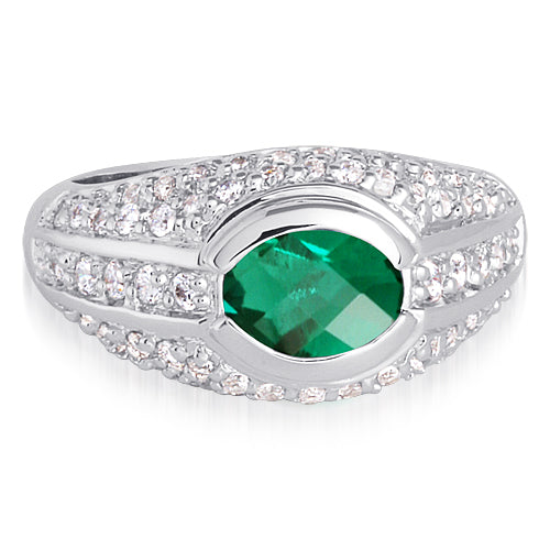 Created Emerald Oval Cut Sterling Silver Ring Size 8