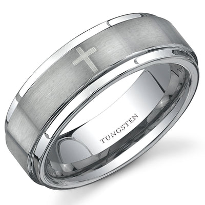 Flat Edge  with Cross Laser Pattern 7 mm Mens Tungsten Band Size 12.5