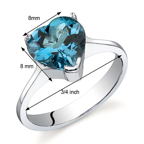 London Blue Topaz Ring Sterling Silver Heart Shape 2.25 Carats Size 8