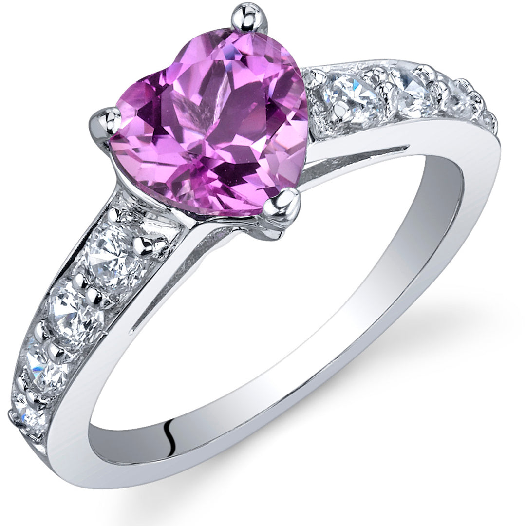 Created Pink Sapphire Heart Shape Sterling Silver Ring Size 9