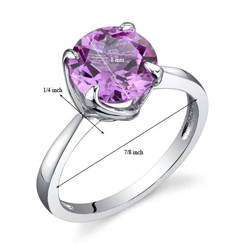 Created Pink Sapphire Sterling Silver Ring Round Shape 2.50 Carats Size 7