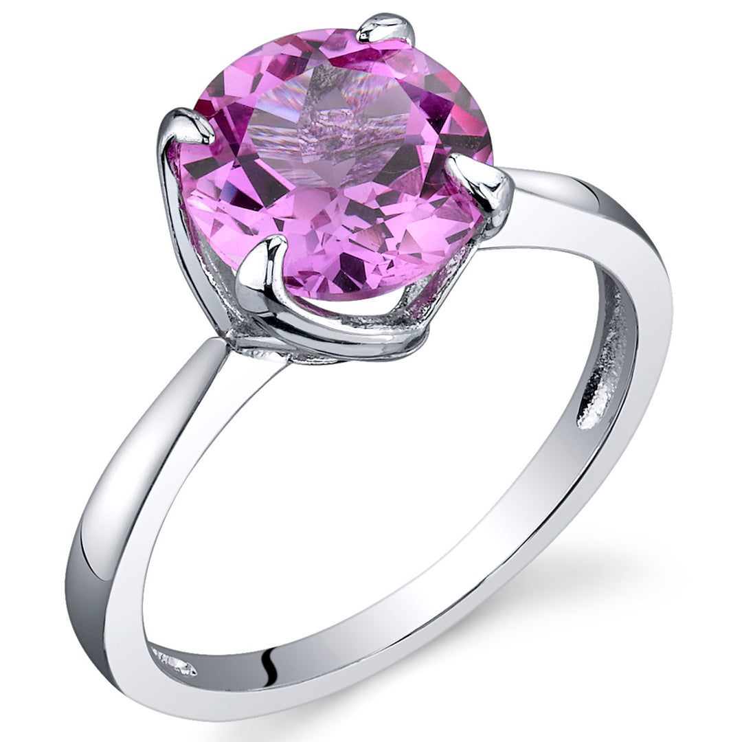 Created Pink Sapphire Sterling Silver Ring Round Shape 2.50 Carats Size 7