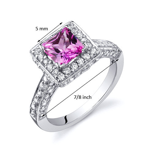 Created Pink Sapphire Princess Cut Sterling Silver Ring Size 6