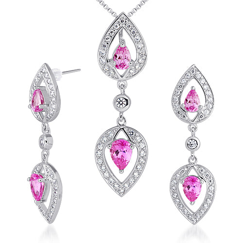 Created Pink Sapphire Pendant Earrings Sterling Silver