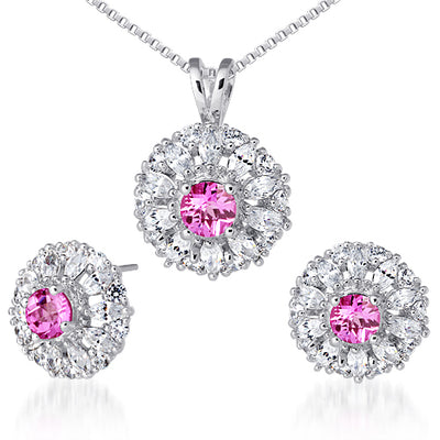 Created Pink Sapphire Pendant Earrings Set Sterling Silver